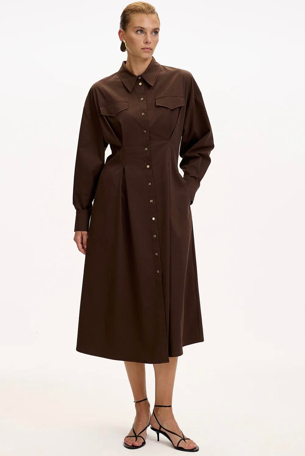 Gömlek Yaka Uzun Kollu Cepli Regular Düğmeli Kahve Midi Elbise
