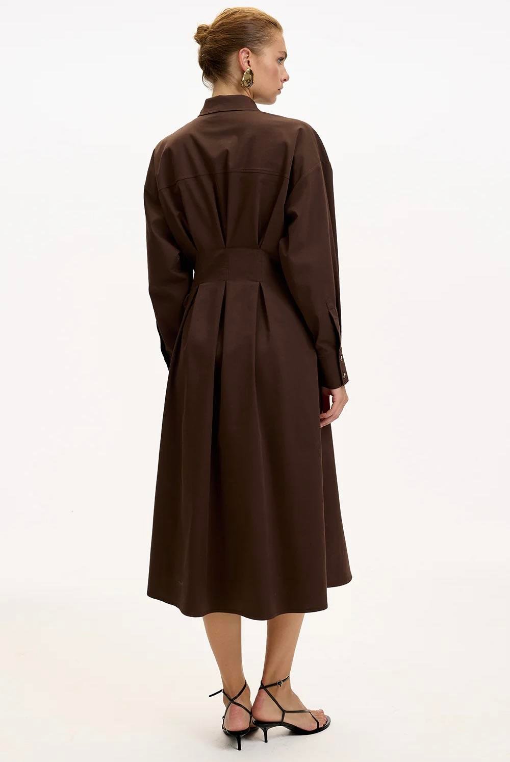 Gömlek Yaka Uzun Kollu Cepli Regular Düğmeli Kahve Midi Elbise