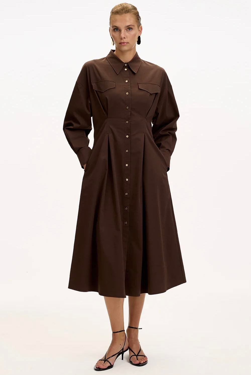 Gömlek Yaka Uzun Kollu Cepli Regular Düğmeli Kahve Midi Elbise
