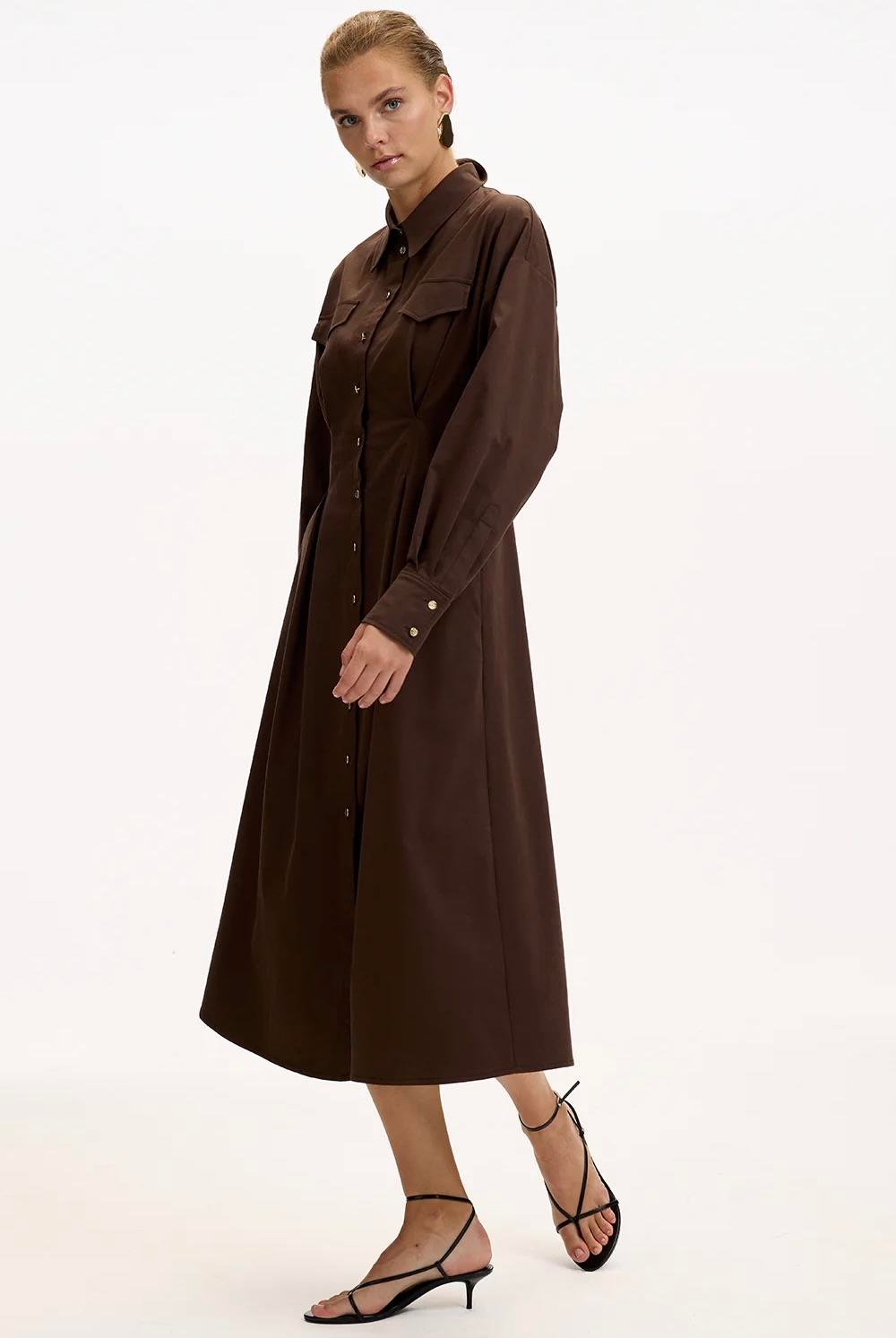 Gömlek Yaka Uzun Kollu Cepli Regular Düğmeli Kahve Midi Elbise