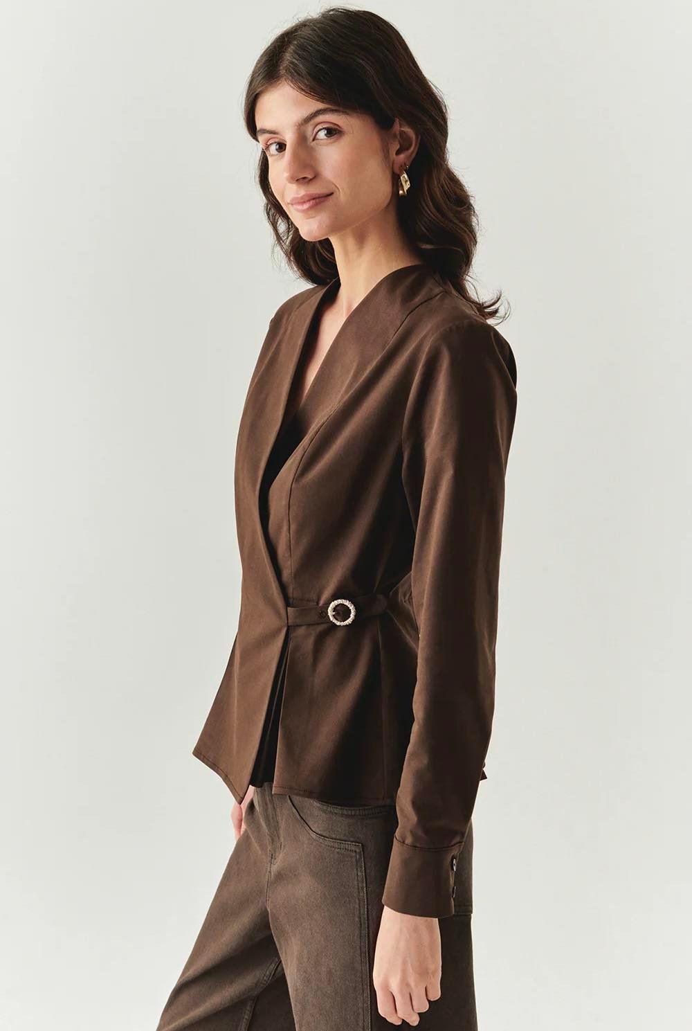 Kruvaze Yaka Uzun Kollu Slim Fit Kahve Gömlek