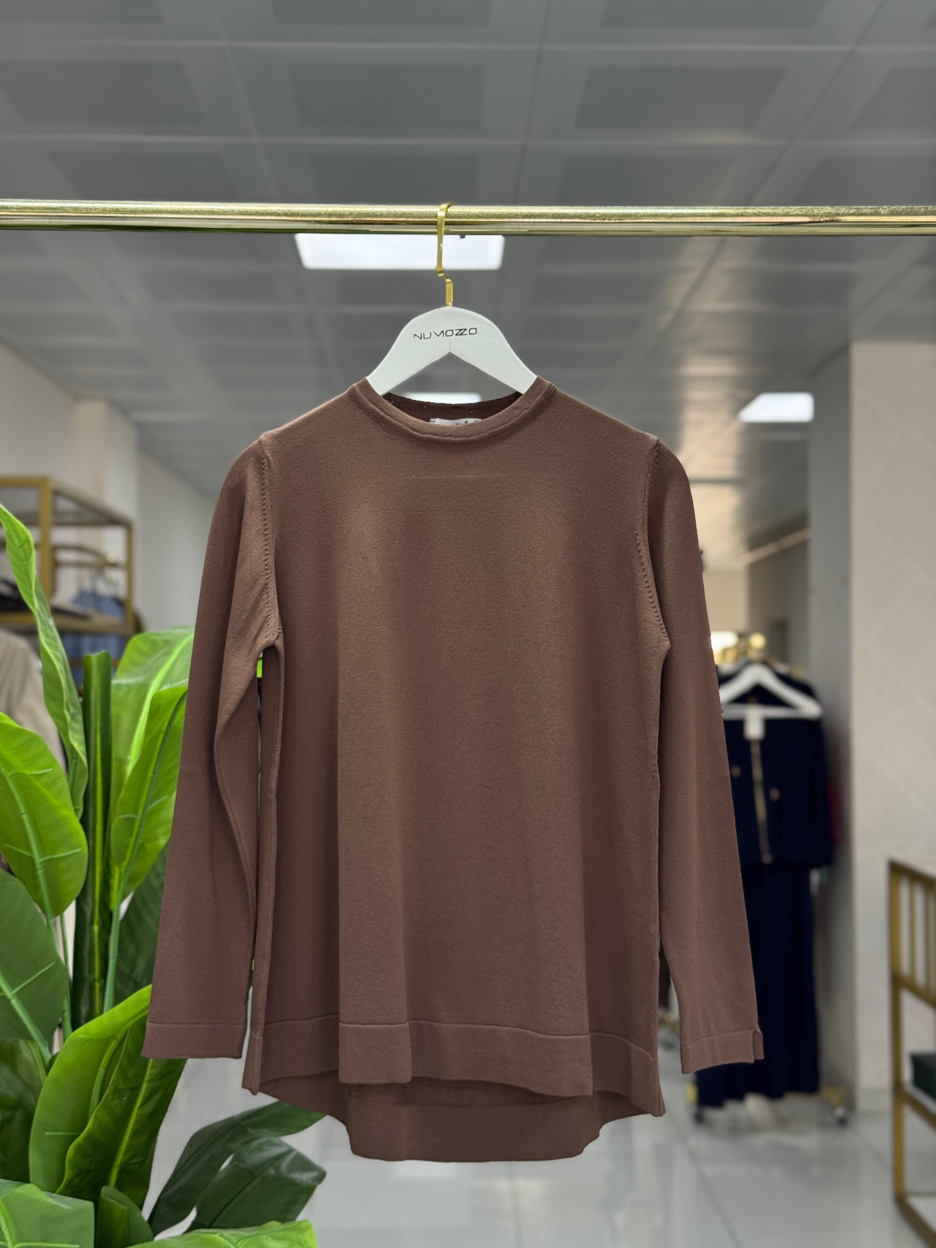 Midi Oval Kesim Tunik Kahverengi