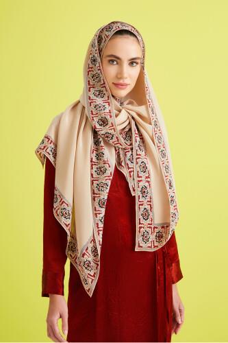 Mini Mozaik Krem Krep İpek Şal 80x210