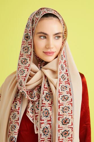 Mini Mozaik Krem Krep İpek Şal 80x210