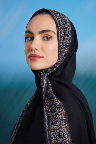 Mini Mozaik Siyah-Altın Krep İpek Şal 80x210