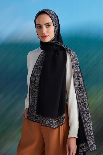 Mini Mozaik Siyah-Altın Krep İpek Şal 80x210