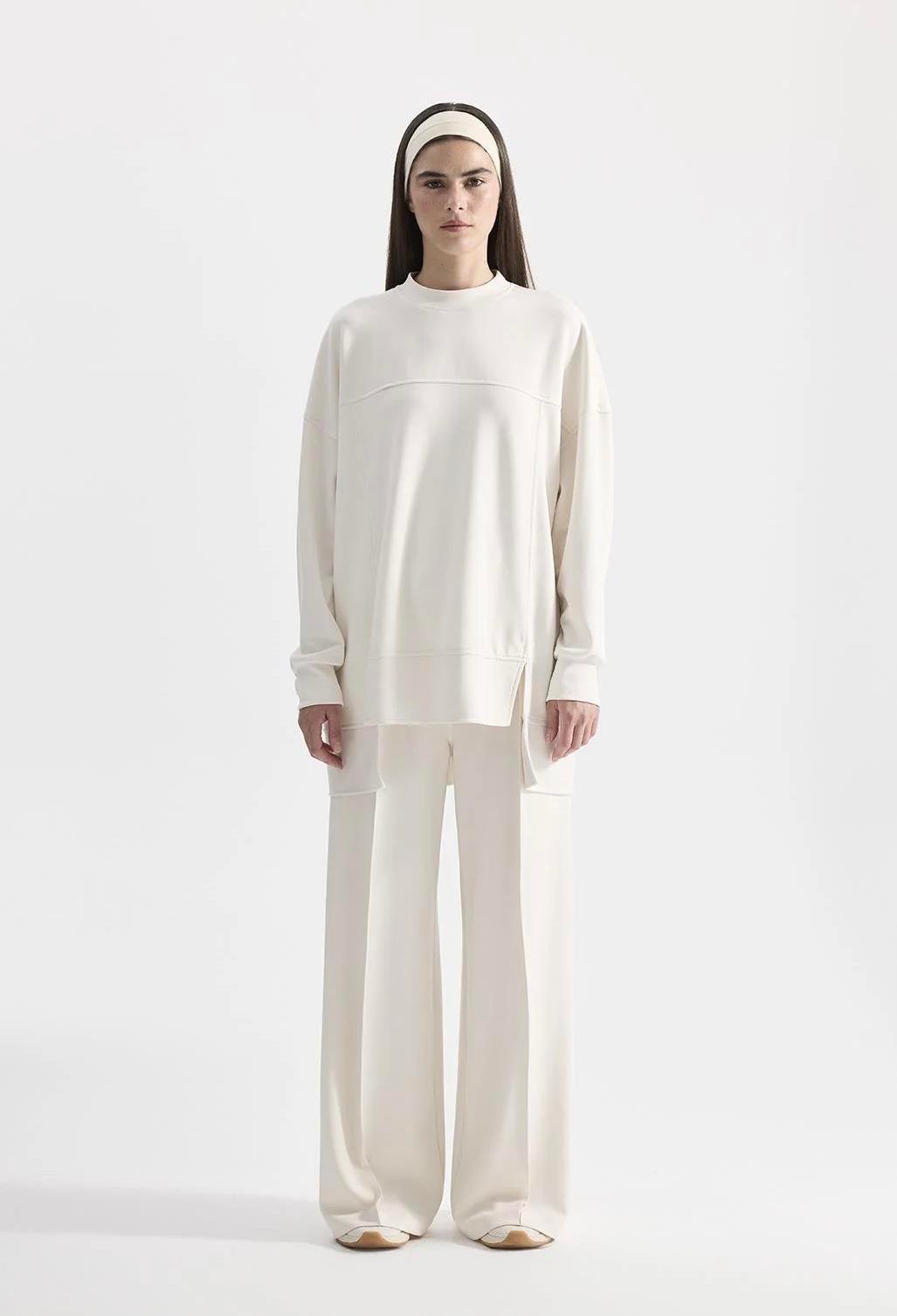 Modal Örme Asimetrik Kesim Sweatshirt Ekru