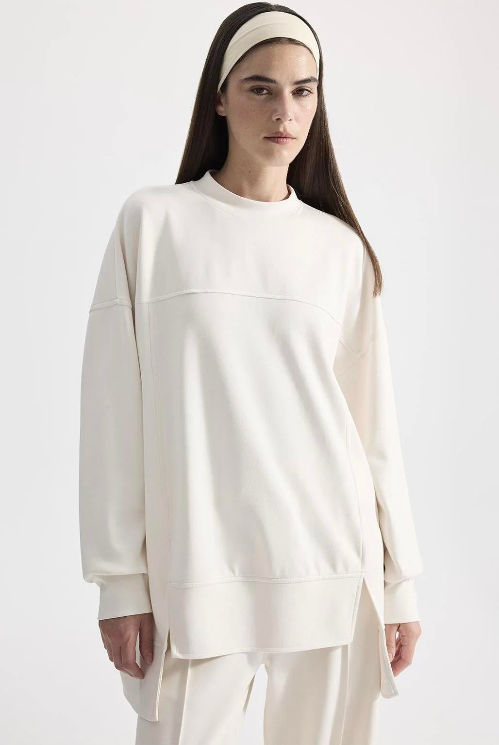 Modal Örme Asimetrik Kesim Sweatshirt Ekru