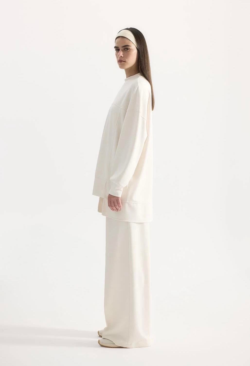 Modal Örme Asimetrik Kesim Sweatshirt Ekru