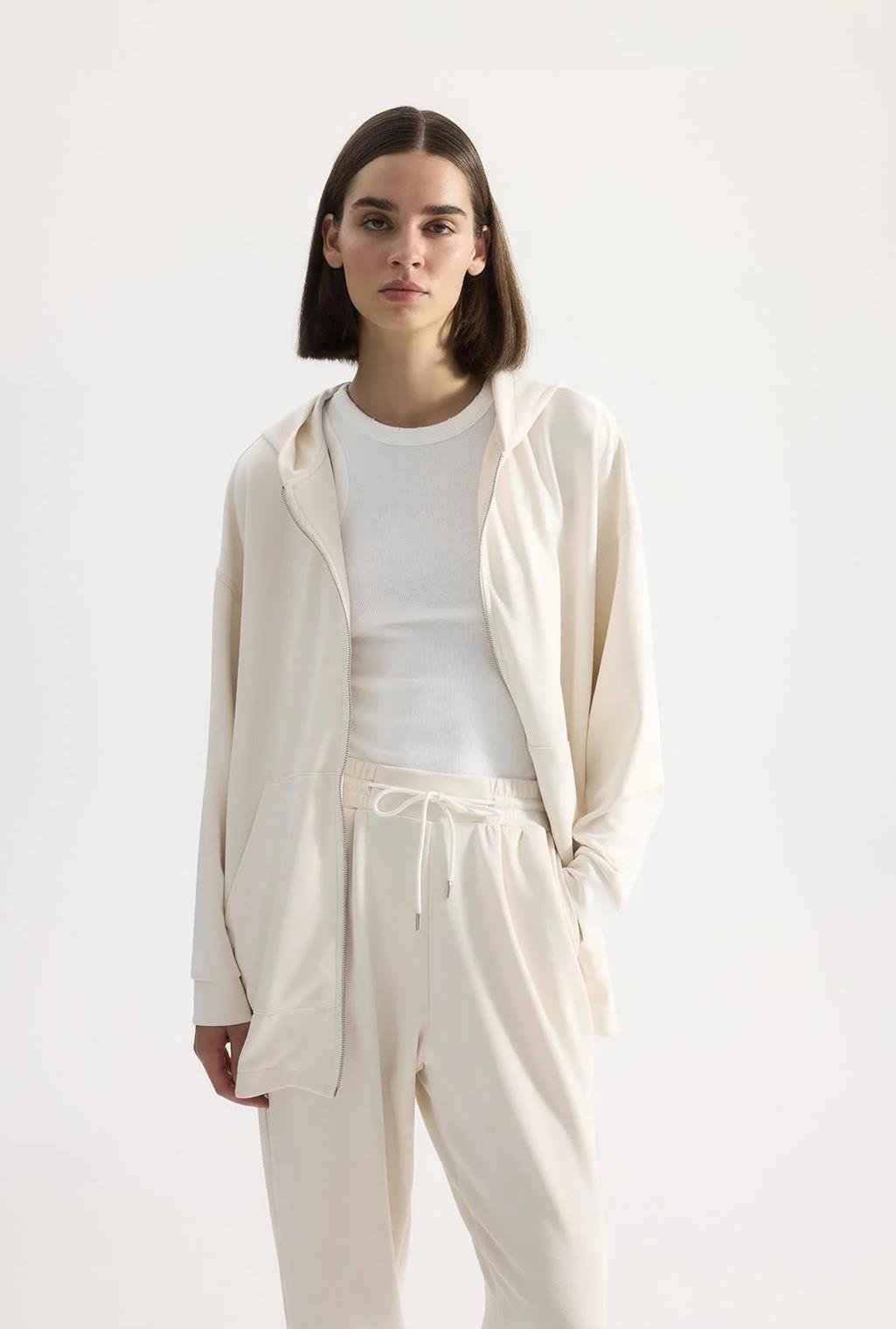 Modal Örme Kapüşonlu Hırka Ekru