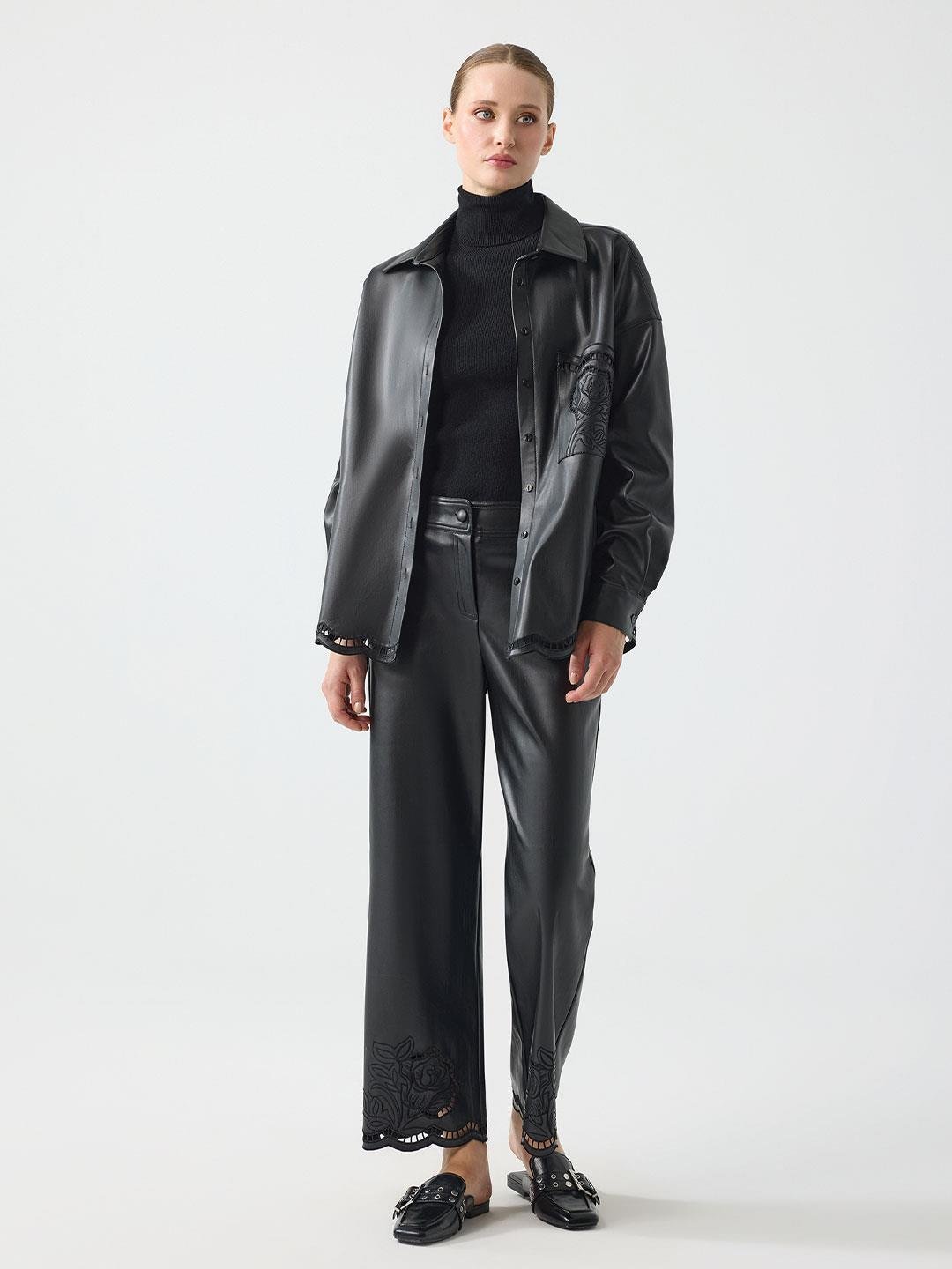 NAKIŞ DETAYLI DERİ TAKIM SİYAH