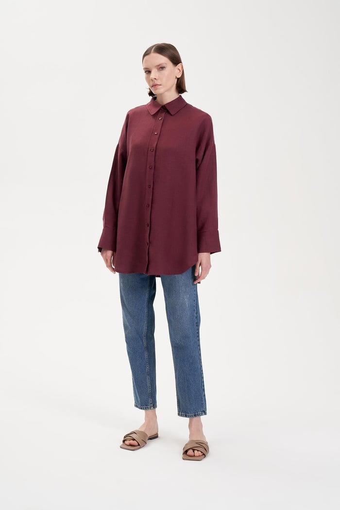 NATURAL %100 KETEN GÖMLEK BORDO