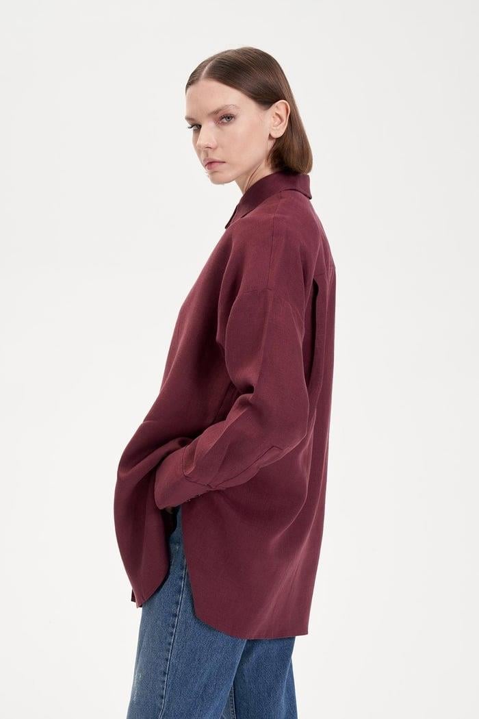 NATURAL %100 KETEN GÖMLEK BORDO