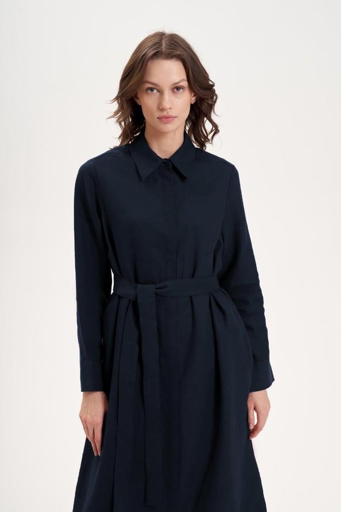 NATURAL %100 KETEN GÖMLEK ELBİSE LACİVERT