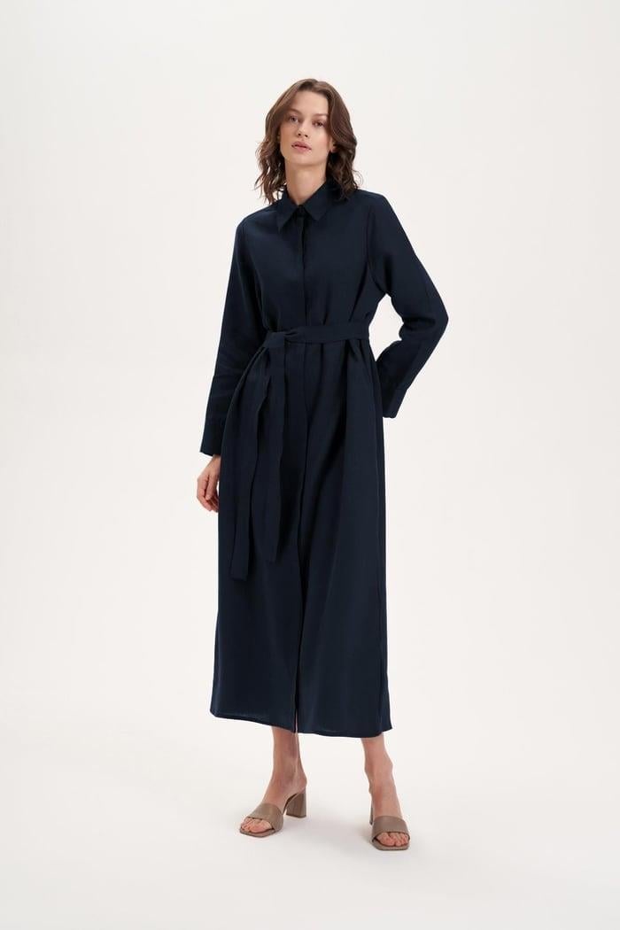 NATURAL %100 KETEN GÖMLEK ELBİSE LACİVERT