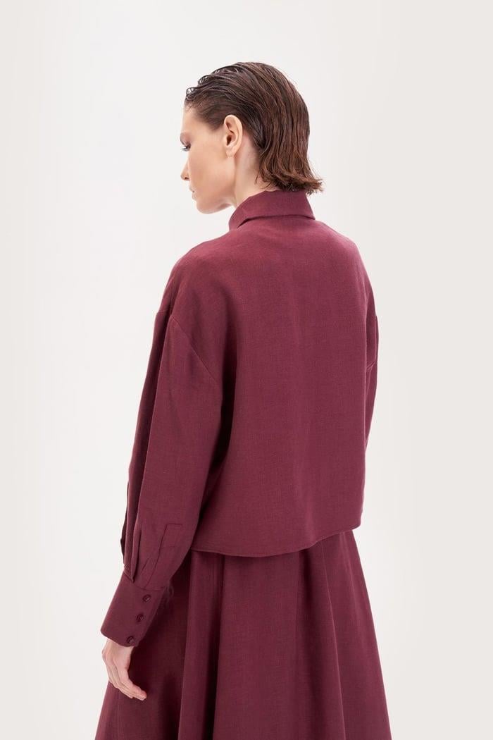 NATURAL %100 KETEN KISA GÖMLEK BORDO