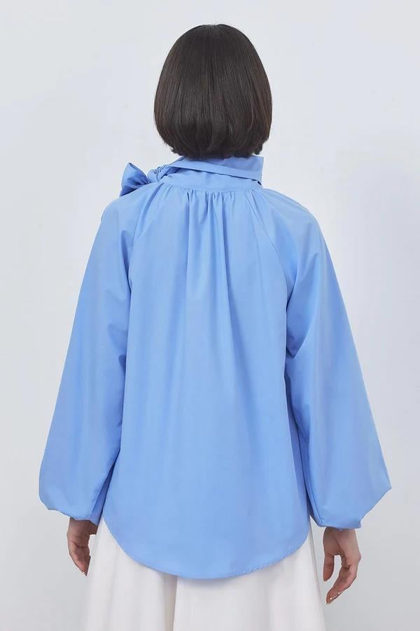 Olivia Fularlı Poplin Bluz Deniz Mavi