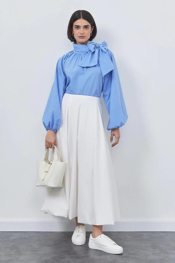 Olivia Fularlı Poplin Bluz Deniz Mavi