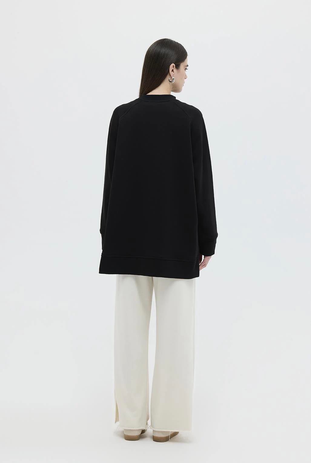Örme Yırtmaç Detaylı Sweatshirt Siyah