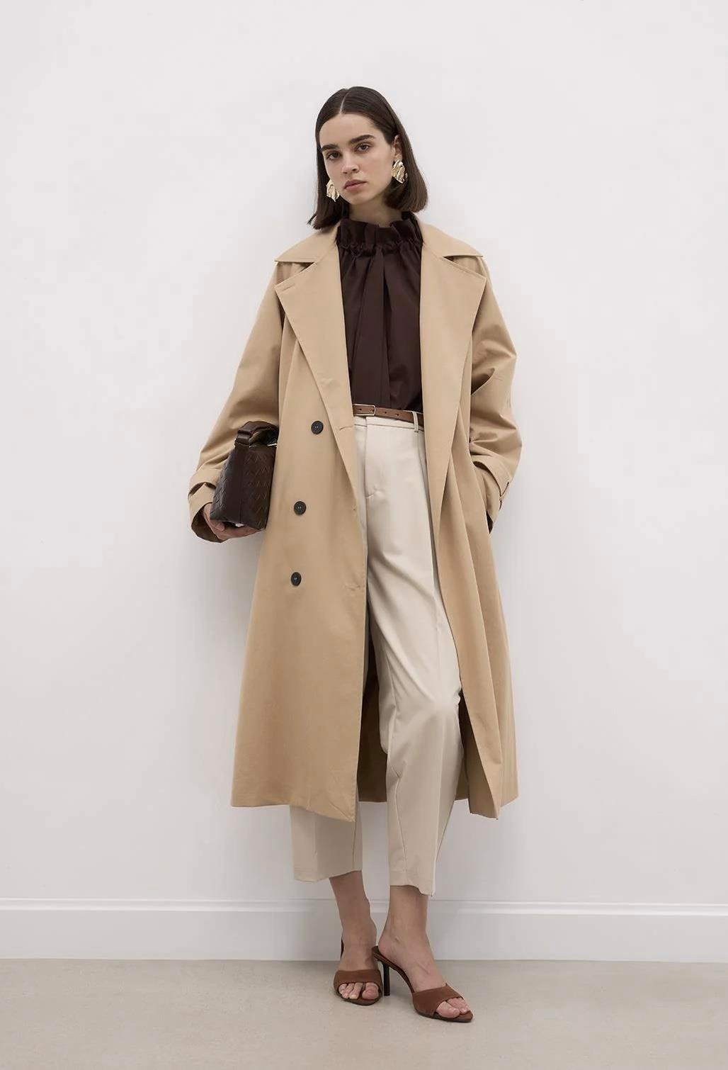 Premium Yakalı Uzun Trençkot Camel