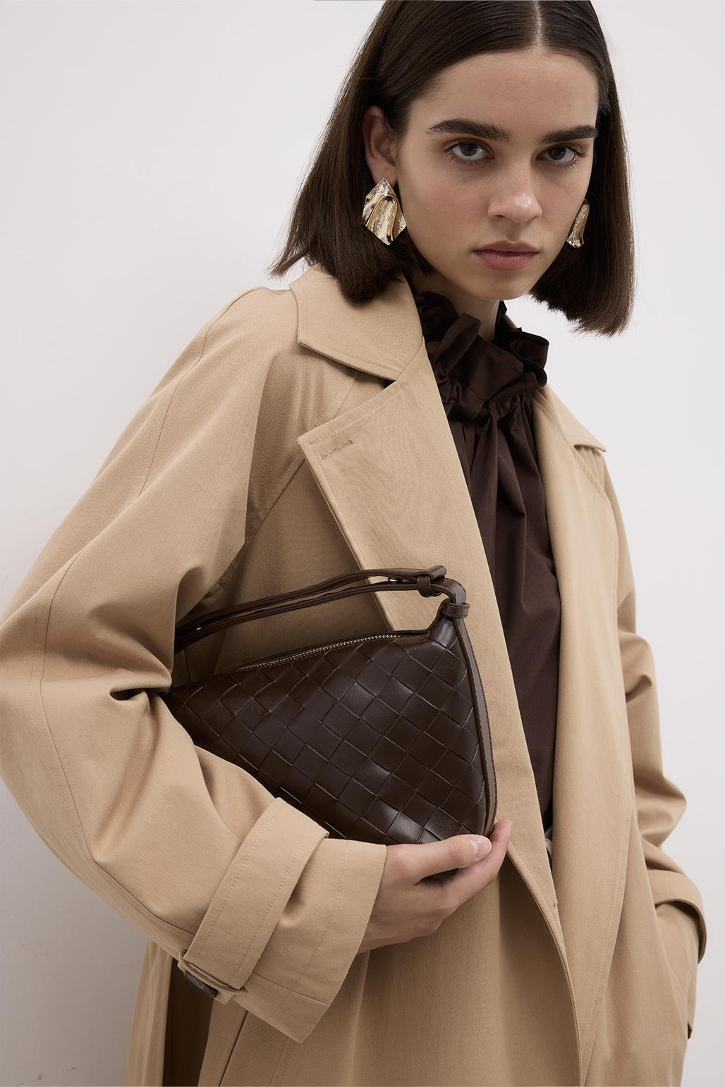 Premium Yakalı Uzun Trençkot Camel