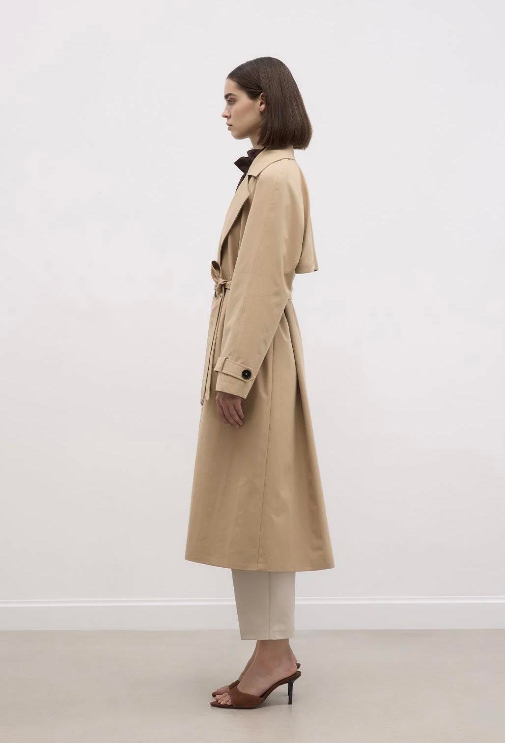 Premium Yakalı Uzun Trençkot Camel