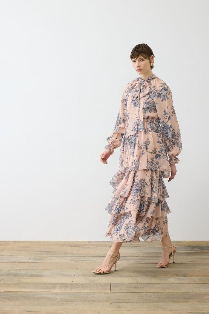 ROZA ŞİFON KAT KAT ELBİSE PEMBE