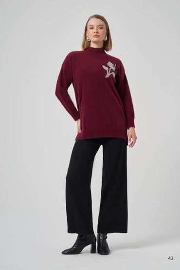 Sıfır Yaka Lale Taş İşlemeli Angora Tunik