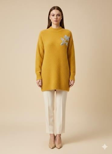 Sıfır Yaka Lale Taş İşlemeli Angora Tunik