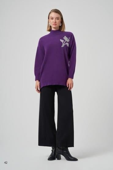 Sıfır Yaka Lale Taş İşlemeli Angora Tunik