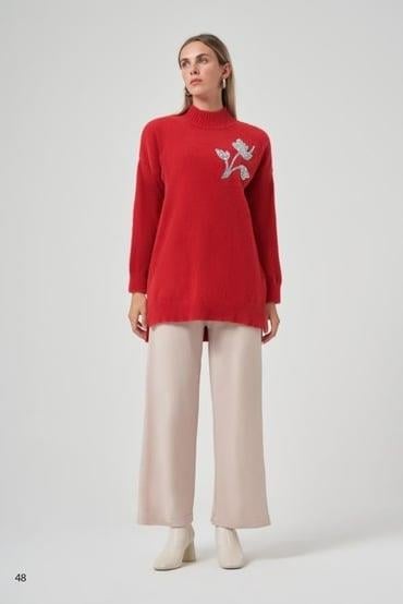 Sıfır Yaka Lale Taş İşlemeli Angora Tunik