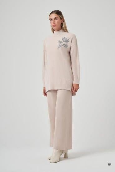 Sıfır Yaka Lale Taş İşlemeli Angora Tunik