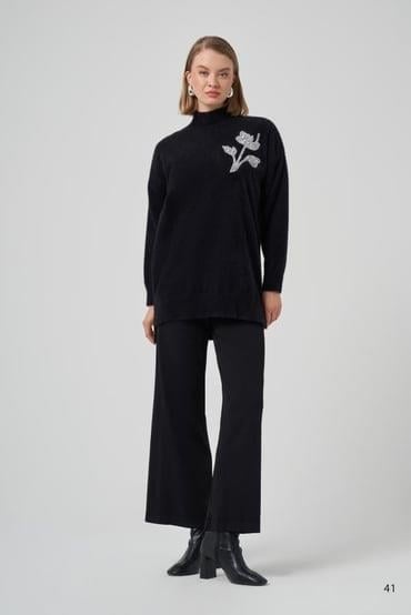 Sıfır Yaka Lale Taş İşlemeli Angora Tunik