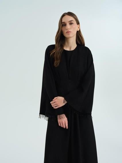 Simli Şal Desenli Boncuklu Elbise Siyah