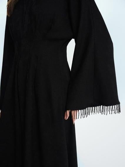 Simli Şal Desenli Boncuklu Elbise Siyah