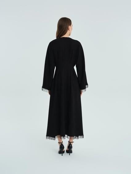 Simli Şal Desenli Boncuklu Elbise Siyah