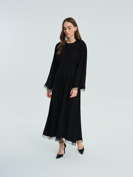 Simli Şal Desenli Boncuklu Elbise Siyah