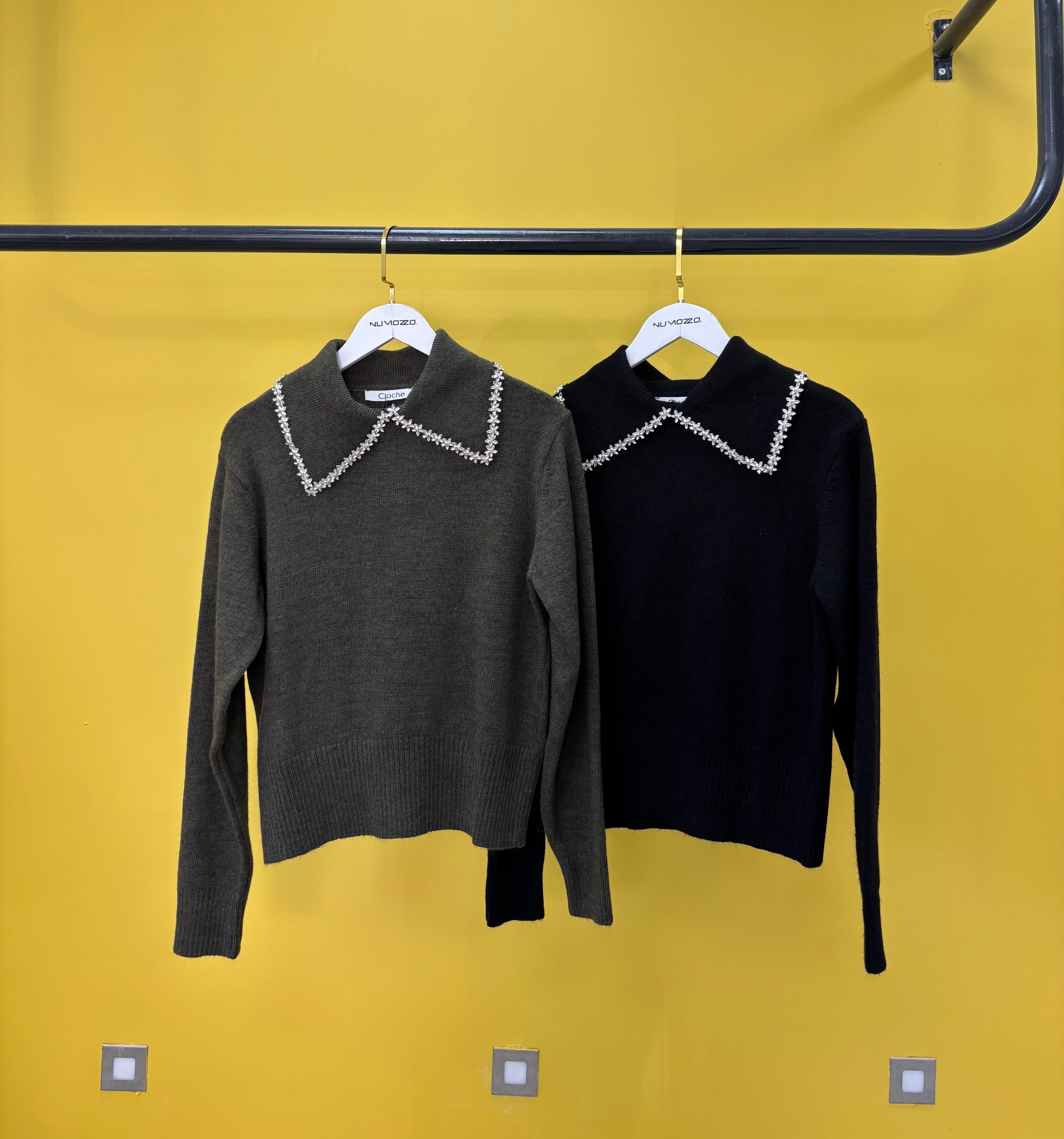 Taşlı Yakalı Triko Kazak Haki