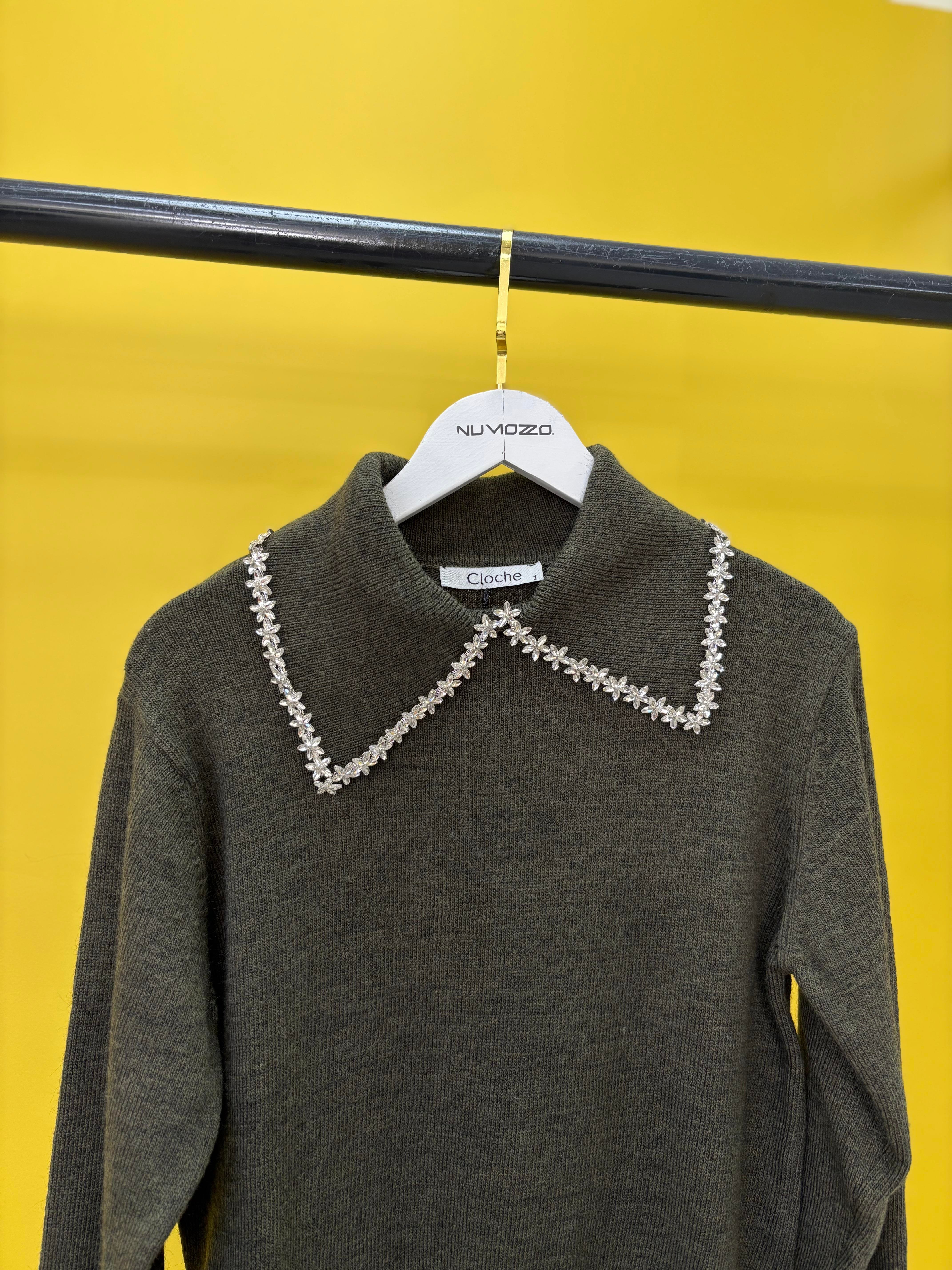 Taşlı Yakalı Triko Kazak Haki