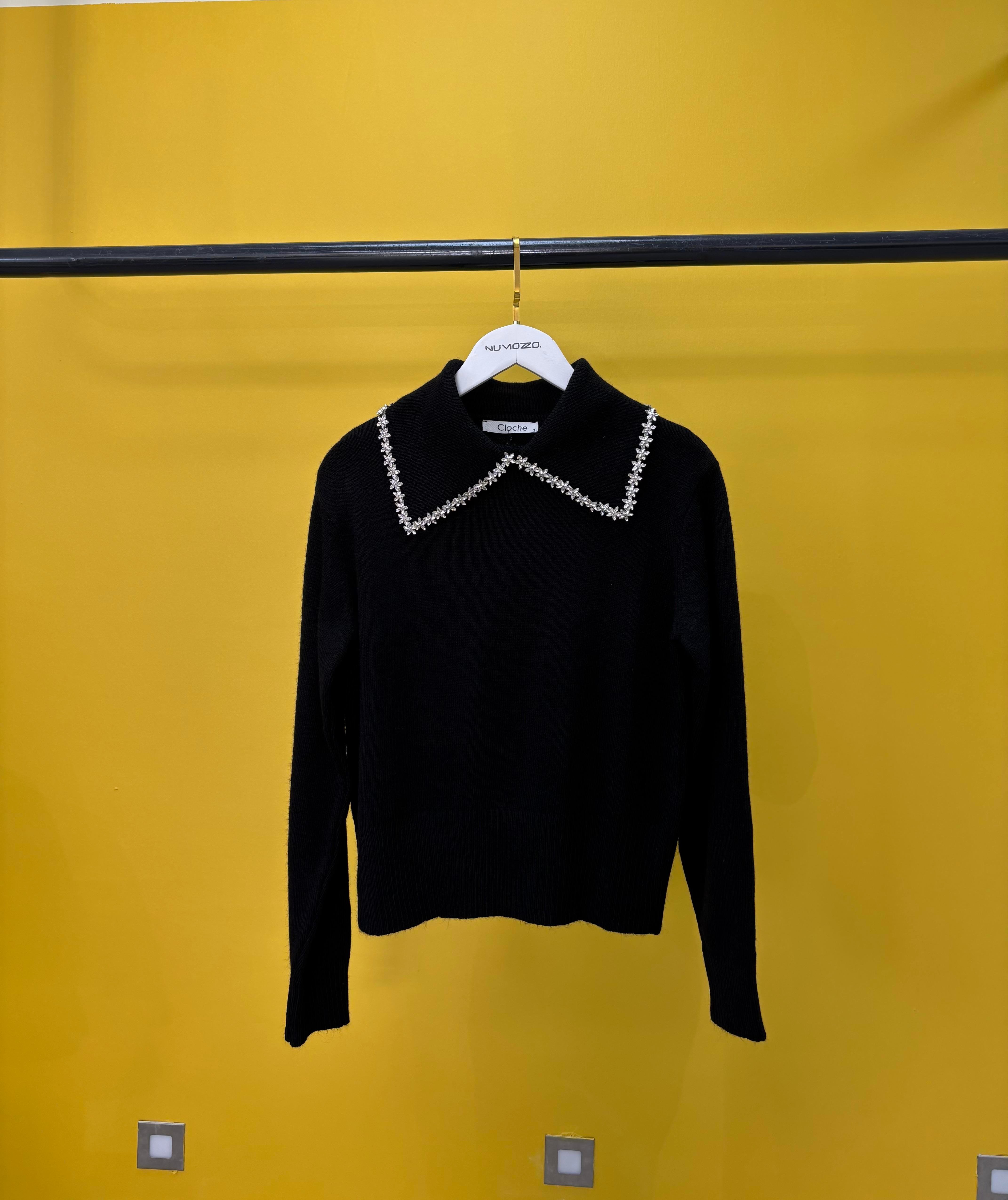 Taşlı Yakalı Triko Kazak Siyah