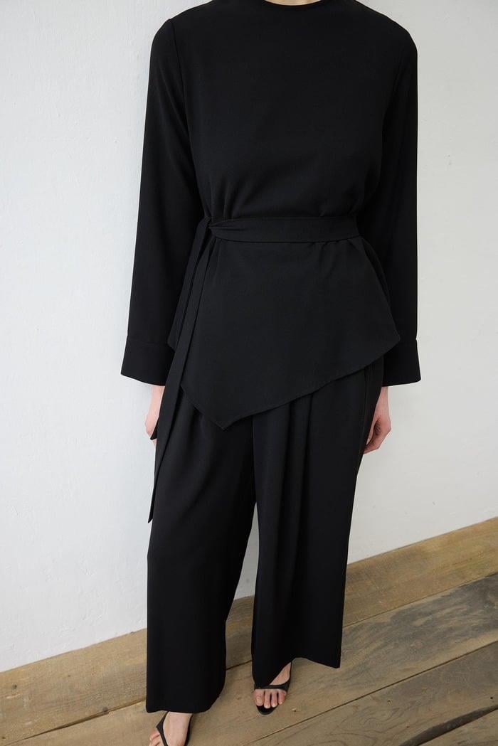 VALEN KREP ASİMETRİK PANTOLONLU TAKIM SİYAH