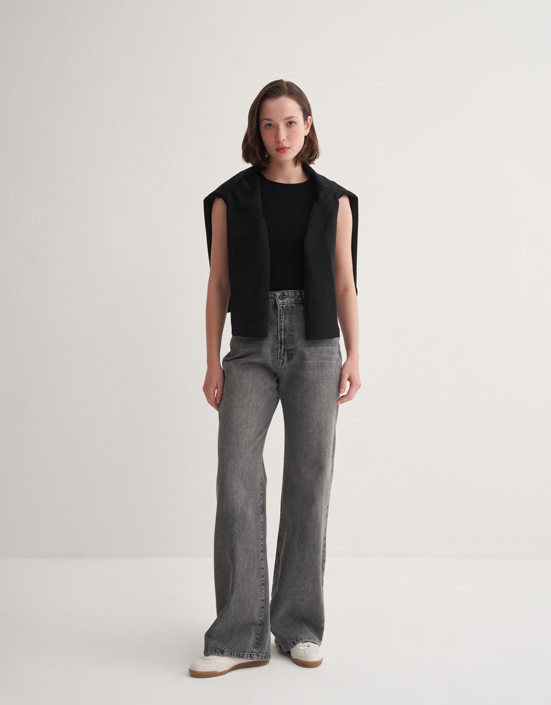 Yüksek Bel Wide Leg Jean Gri