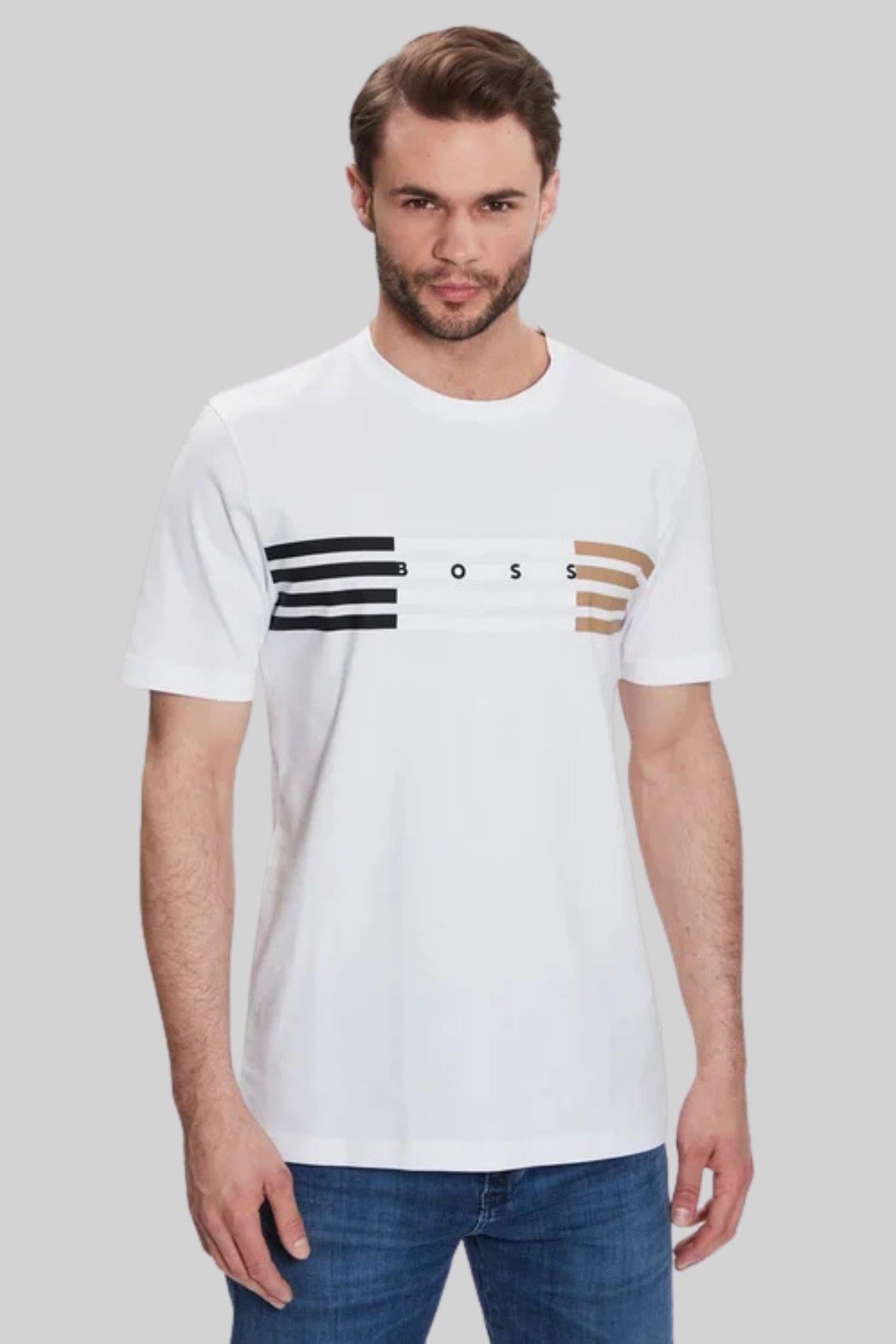 Boss Çizgili Regular Fit Bisiklet Yaka  Erkek T Shirt Beyaz