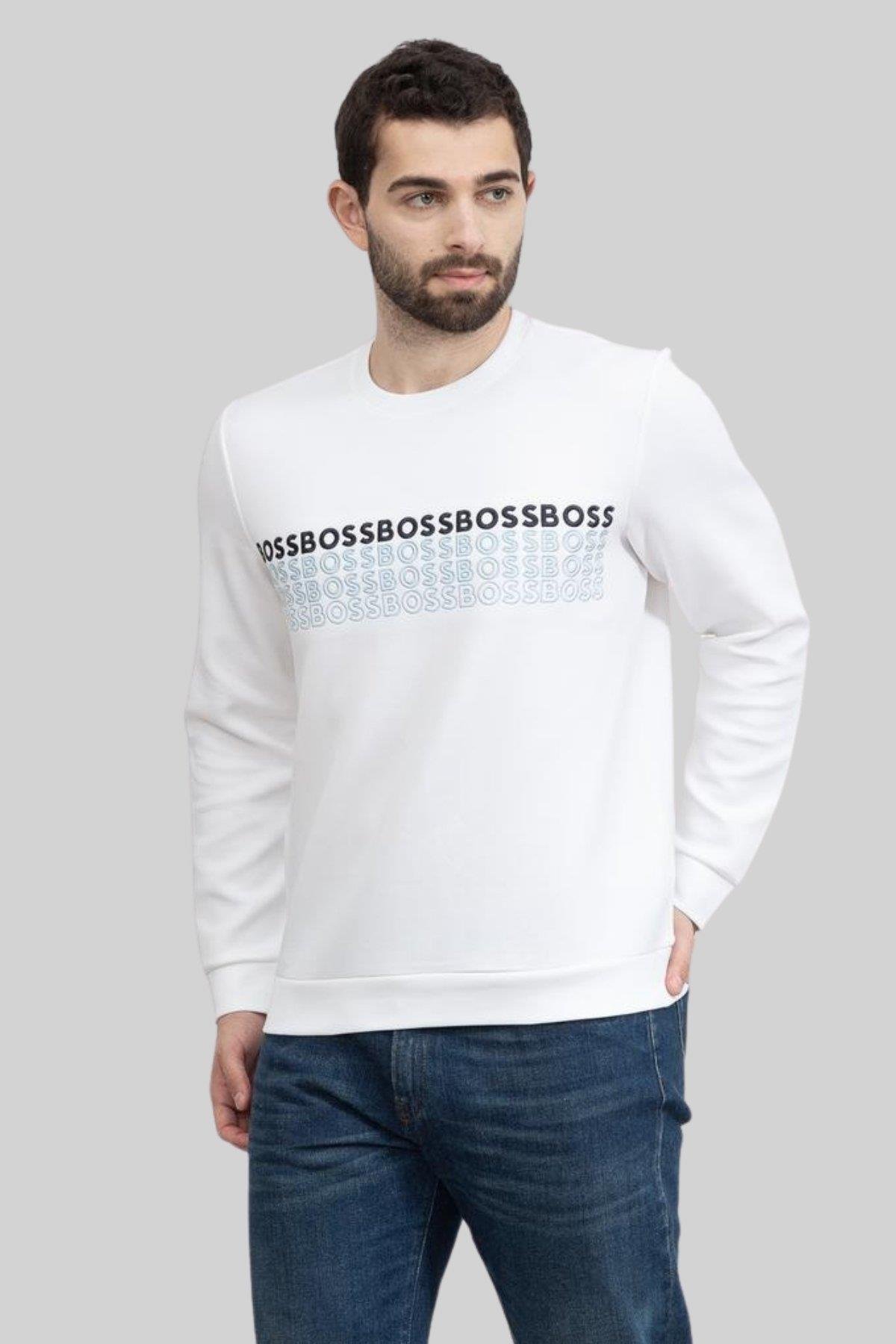 Boss Erkek Bisiklet Yaka Sweatshirt Beyaz