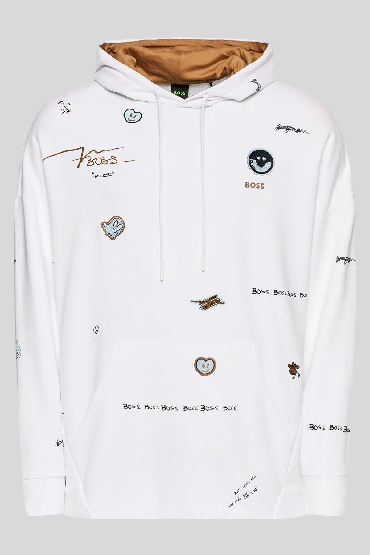 Boss Erkek Soodyart Regular Fit Baskılı Kapüşonlu Sweatshirt Beyaz