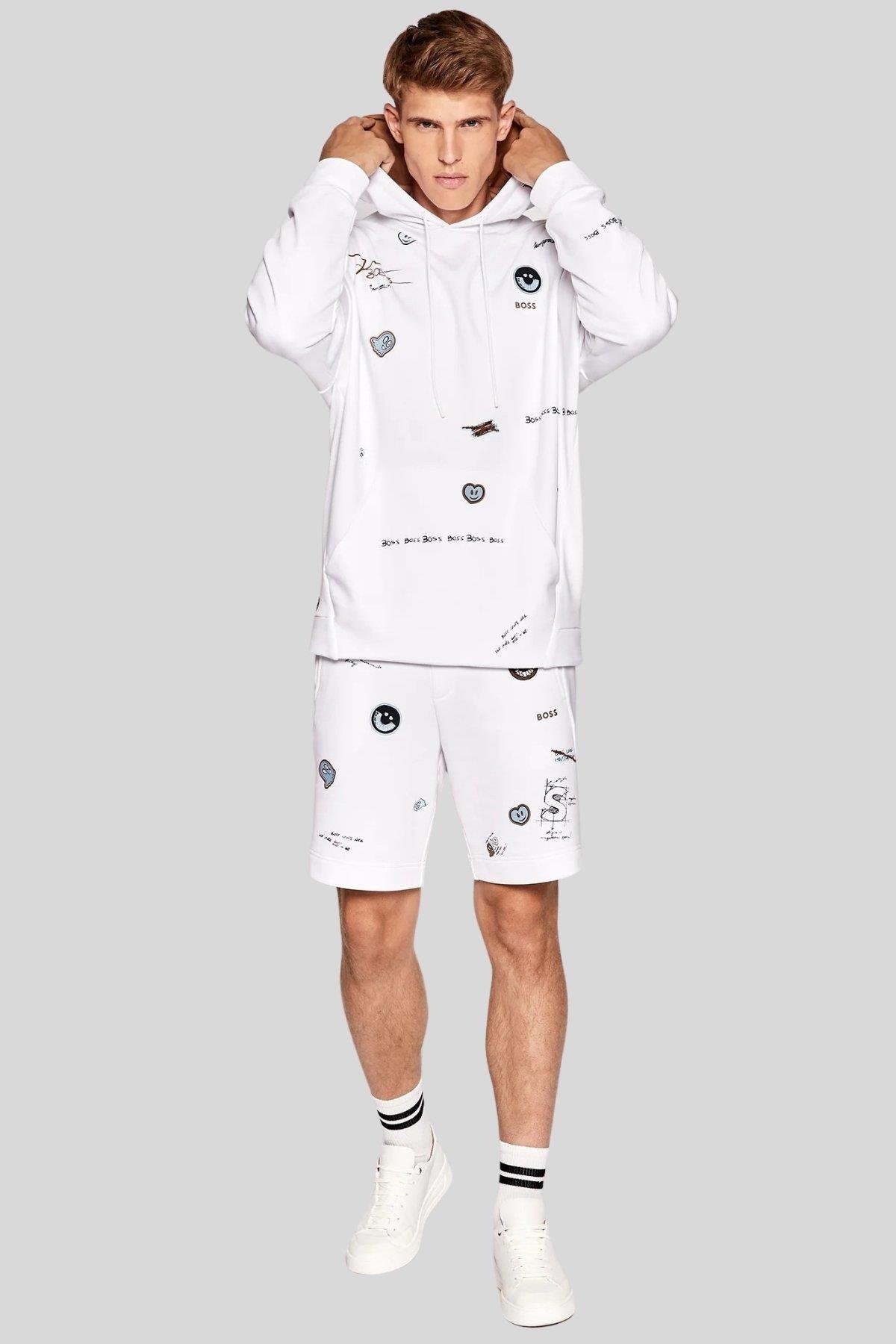 Boss Erkek Soodyart Regular Fit Baskılı Kapüşonlu Sweatshirt Beyaz