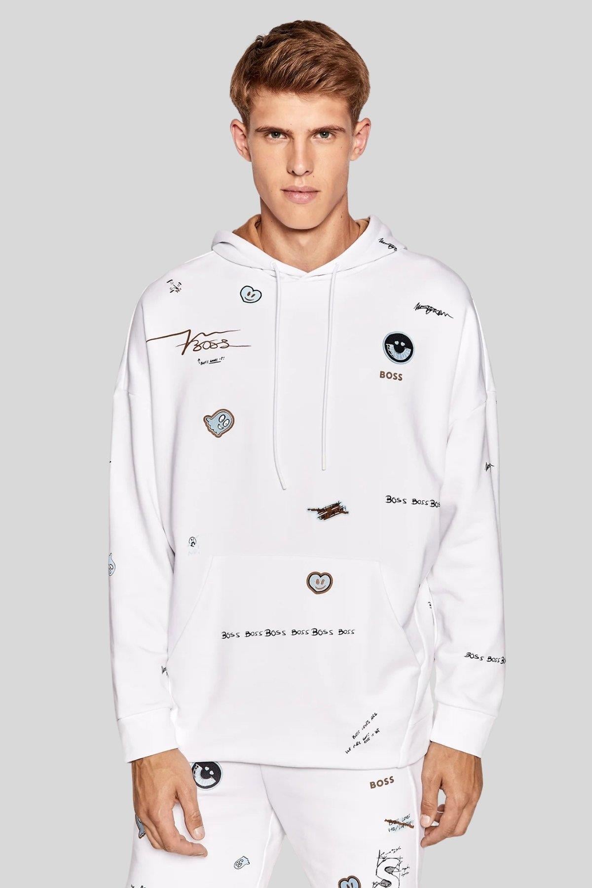Boss Erkek Soodyart Regular Fit Baskılı Kapüşonlu Sweatshirt Beyaz