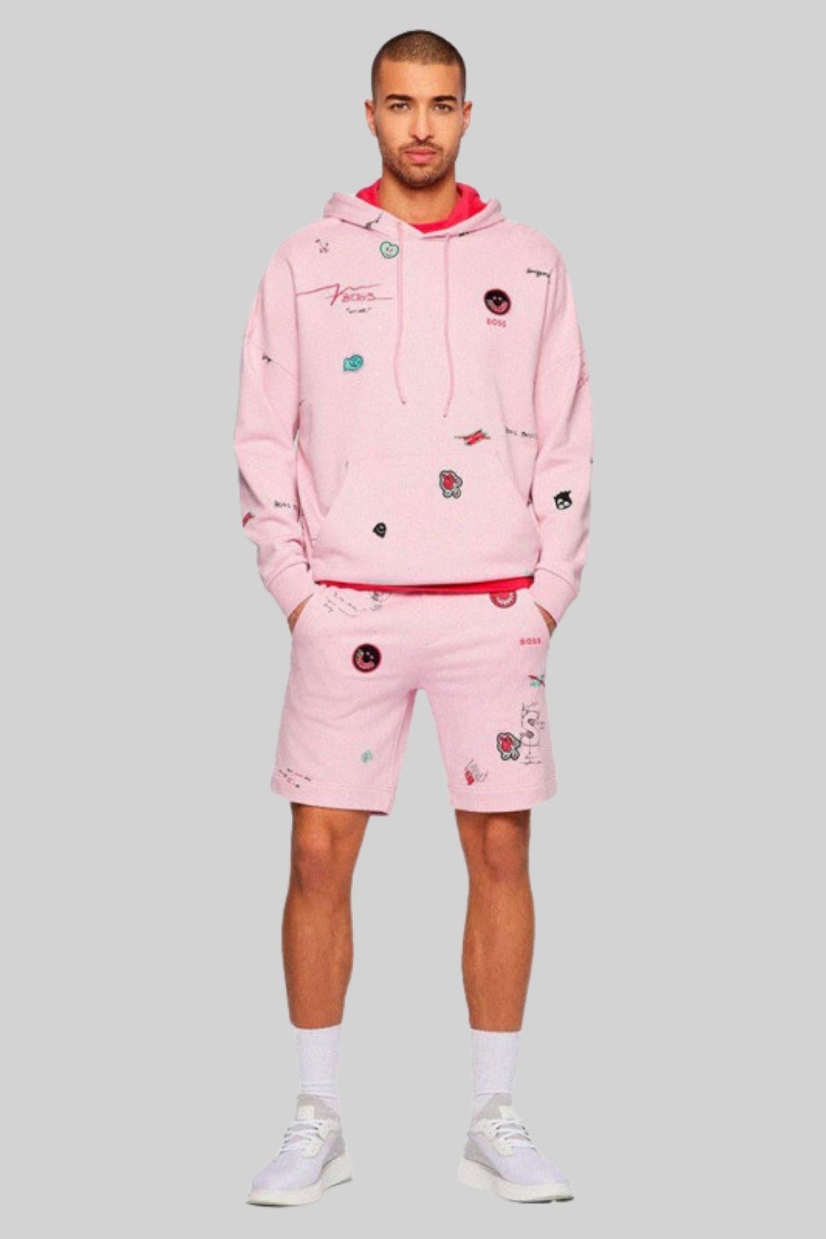 Boss Erkek Soodyart Regular Fit Baskılı Kapüşonlu Sweatshirt Pembe