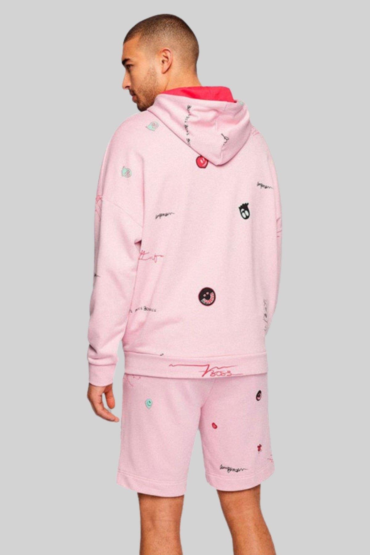 Boss Erkek Soodyart Regular Fit Baskılı Kapüşonlu Sweatshirt Pembe