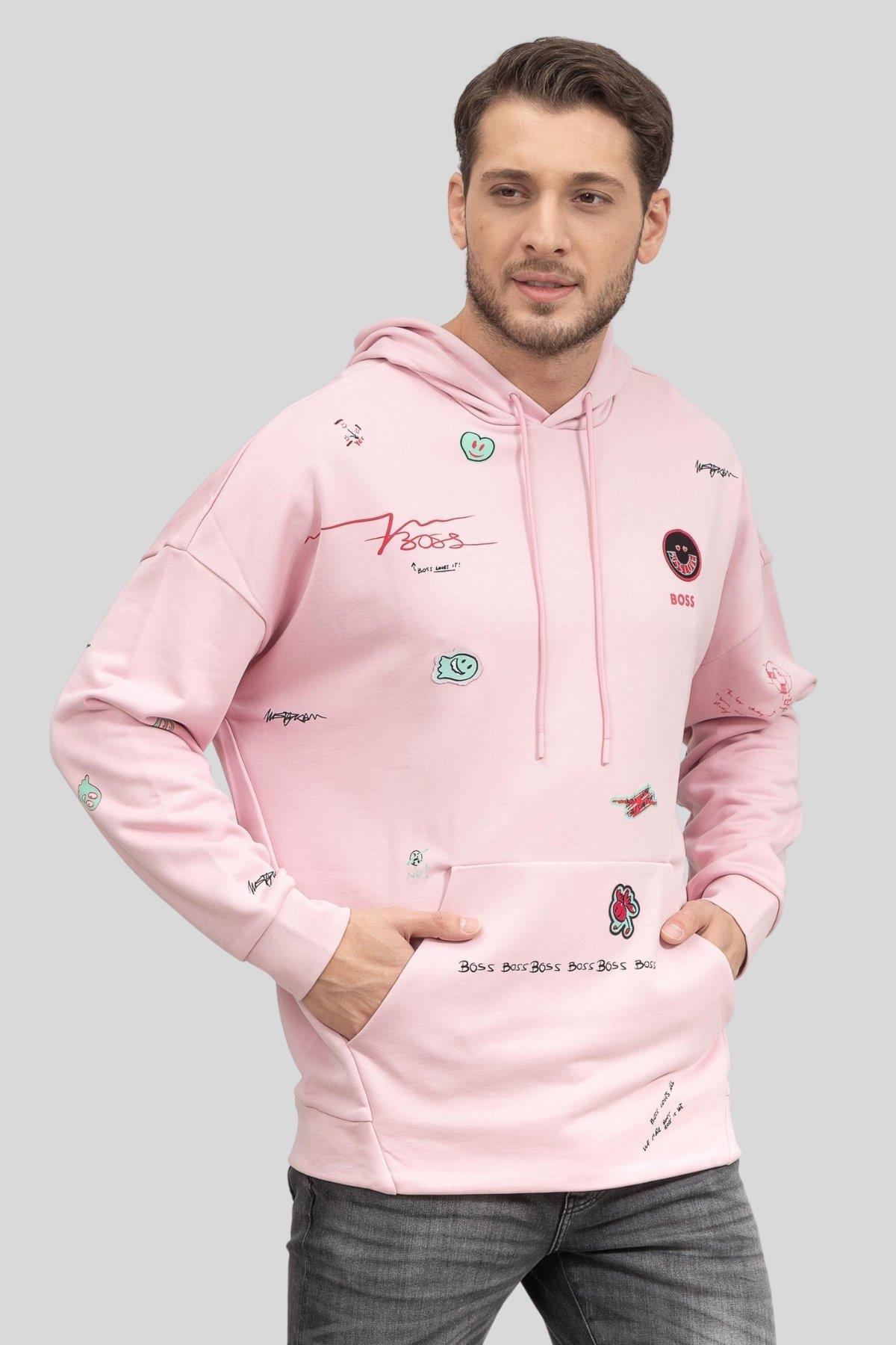 Boss Erkek Soodyart Regular Fit Baskılı Kapüşonlu Sweatshirt Mavi